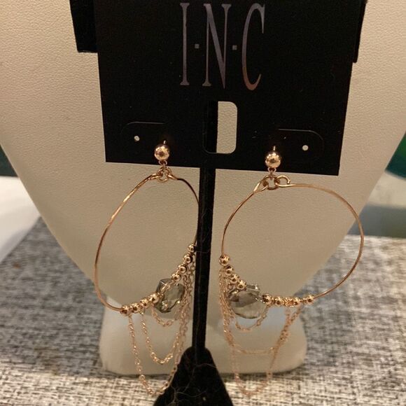 I.N.C Earrings Zinc alloy Loop with chains and rhinestone gold light gray - Picture 1 of 6